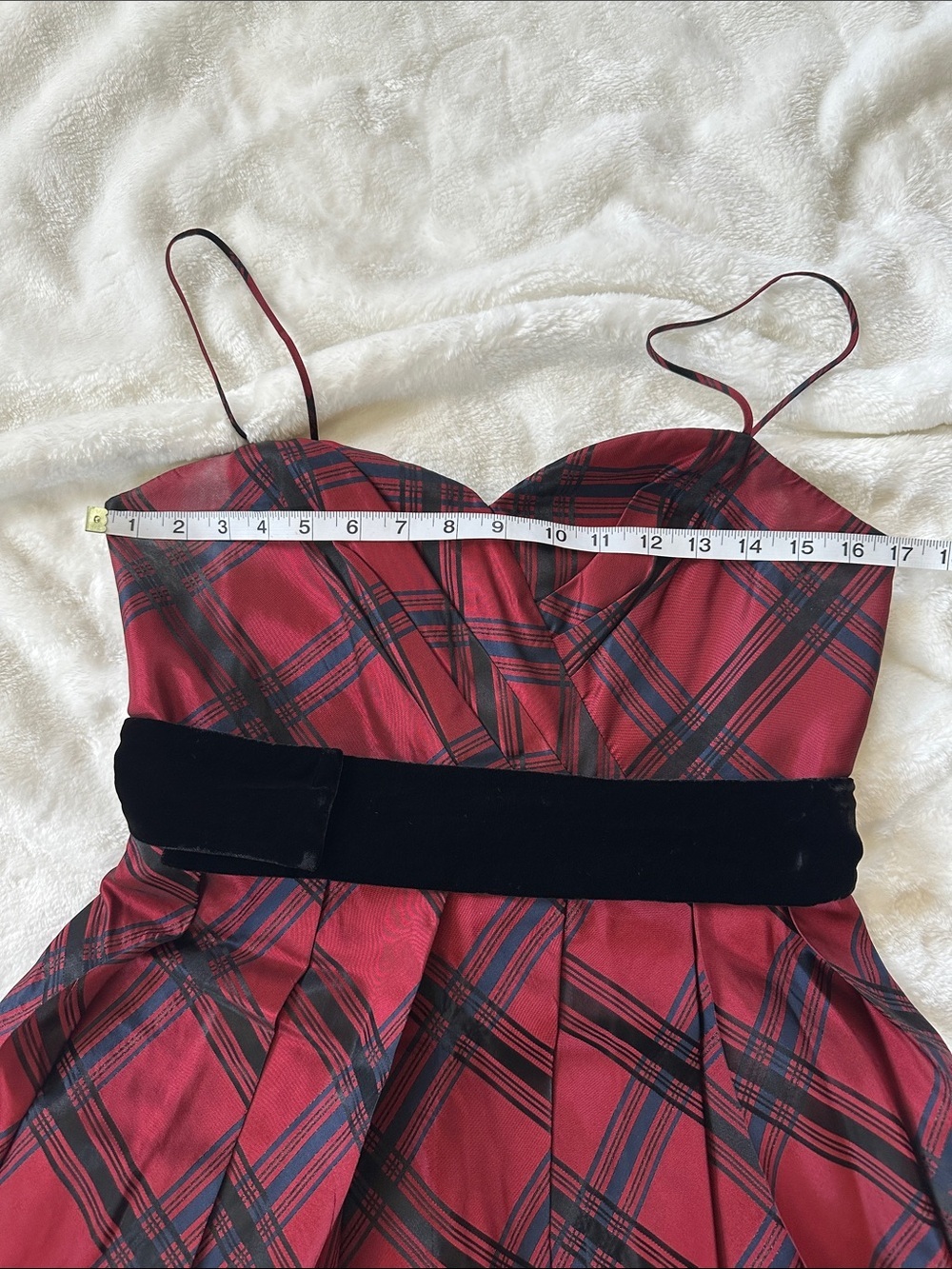 NINE WEST Red Plaid Spaghetti-Strap Party Dress Black Velvet Waistband Sz 10 Fun - Picture 10 of 11